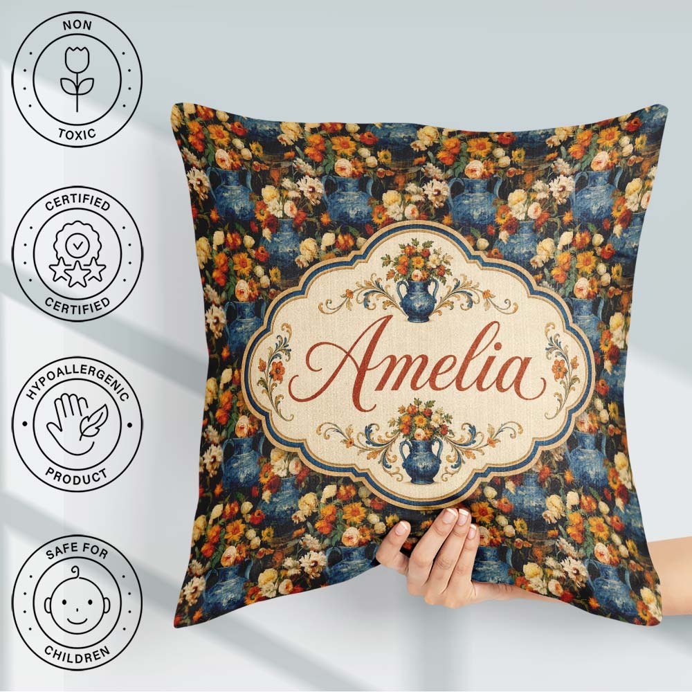 Custom Name Dark Blue Vase Floral Arrangement Seamless Botanical Square Filled Cushion Throw Pillow Sofa Bed Home Decor Zip Washable UK Made