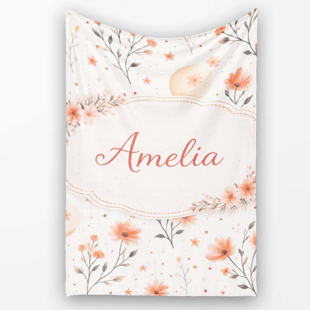 Watercolor Peach Floral Moon Star Botanical Seamless Pattern Lovely Personalised Custom Name Super Soft Fleece Blanket Bed Sofa Throw