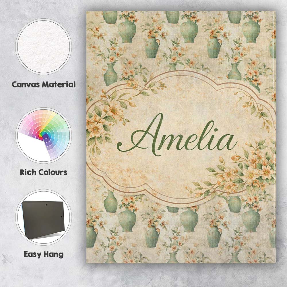 Personalised Name Soft Green Vase Floral Custom Unique Gift Idea Elegant Feature Canvas Wall Art Print Decor Picture Ready to Hang