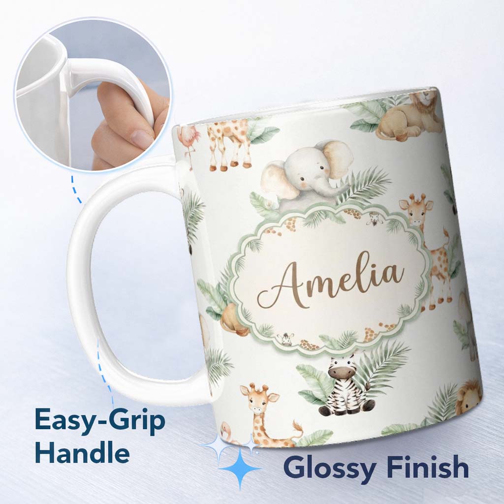 Personalized Custom Name Cute Safari Jungle Animals Lion Elephant Giraffe Zebra Pattern 11oz Ceramic Coffee Tea Mug White Large Handle