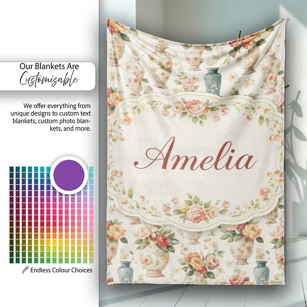 Elegant Floral Vase Arrangement with Soft Roses and Botanical Lovely Personalised Custom Name Super Soft Fleece Blanket Bed Sofa Throw