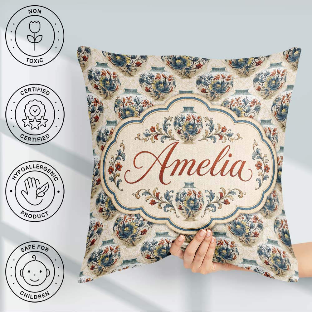 Custom Name Ornate Blue and Red Vase Pattern with Classic Floral Square Filled Cushion Throw Pillow Sofa Bed Home Decor Zip Washable UK Made