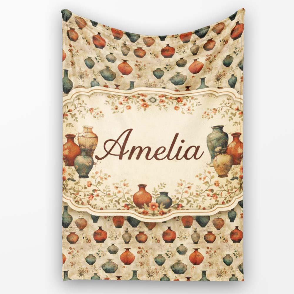 Vintage Pottery and Botanical Elements Pattern in Warm Neutral Tones Personalised Custom Name Super Soft Fleece Blanket Bed Sofa Throw