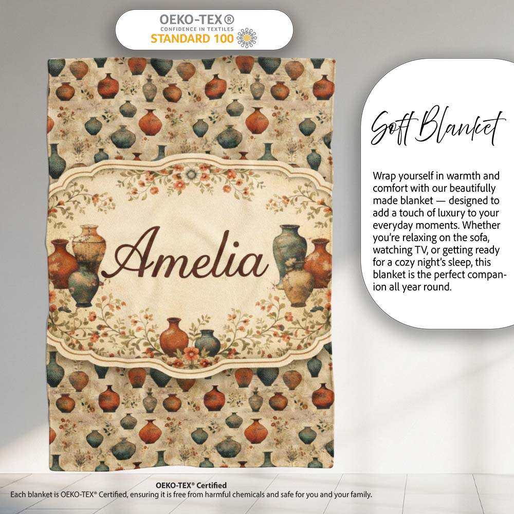 Vintage Pottery and Botanical Elements Pattern in Warm Neutral Tones Personalised Custom Name Super Soft Fleece Blanket Bed Sofa Throw