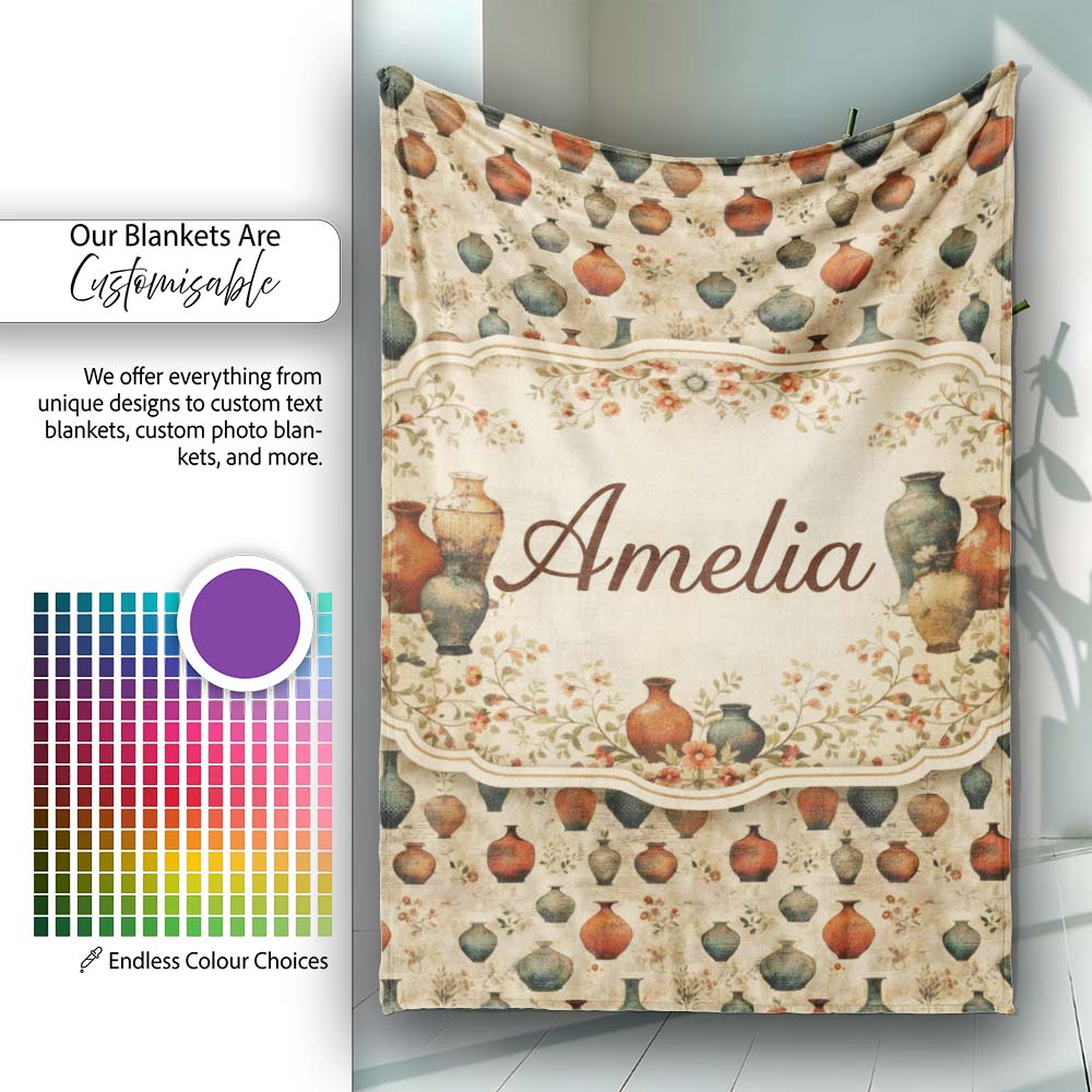 Vintage Pottery and Botanical Elements Pattern in Warm Neutral Tones Personalised Custom Name Super Soft Fleece Blanket Bed Sofa Throw