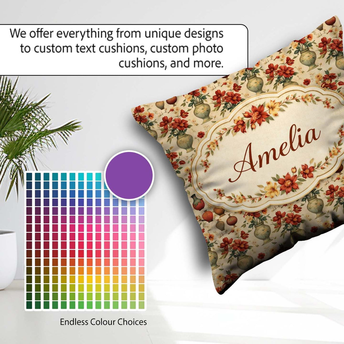 Custom Name Classic Floral Bouquet in Decorative Vases with Warm Square Filled Cushion Throw Pillow Sofa Bed Home Decor Zip Washable UK Made