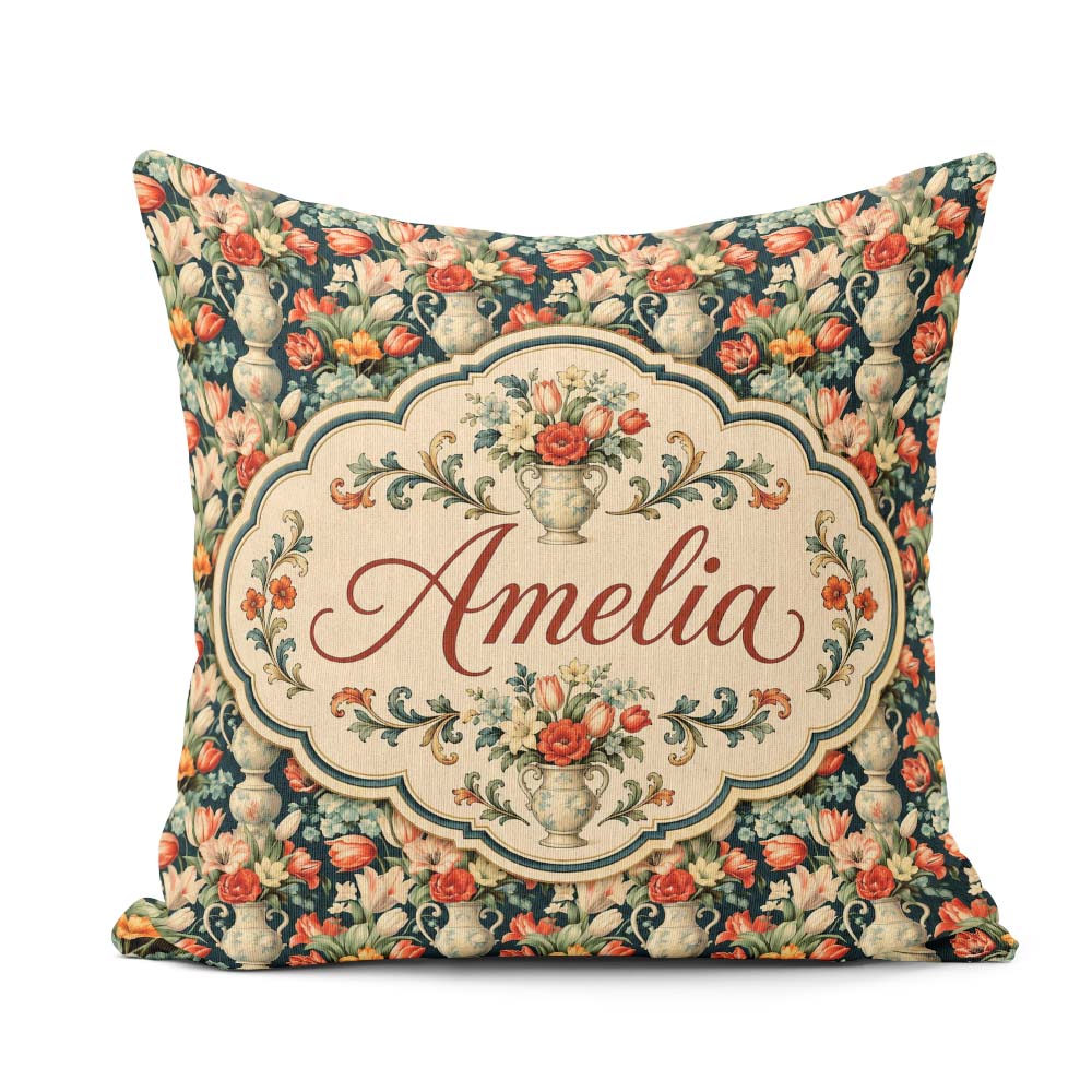 Custom Name Rich Floral Arrangement with Tulips in Vase on Dark Square Filled Cushion Throw Pillow Sofa Bed Home Decor Zip Washable UK Made