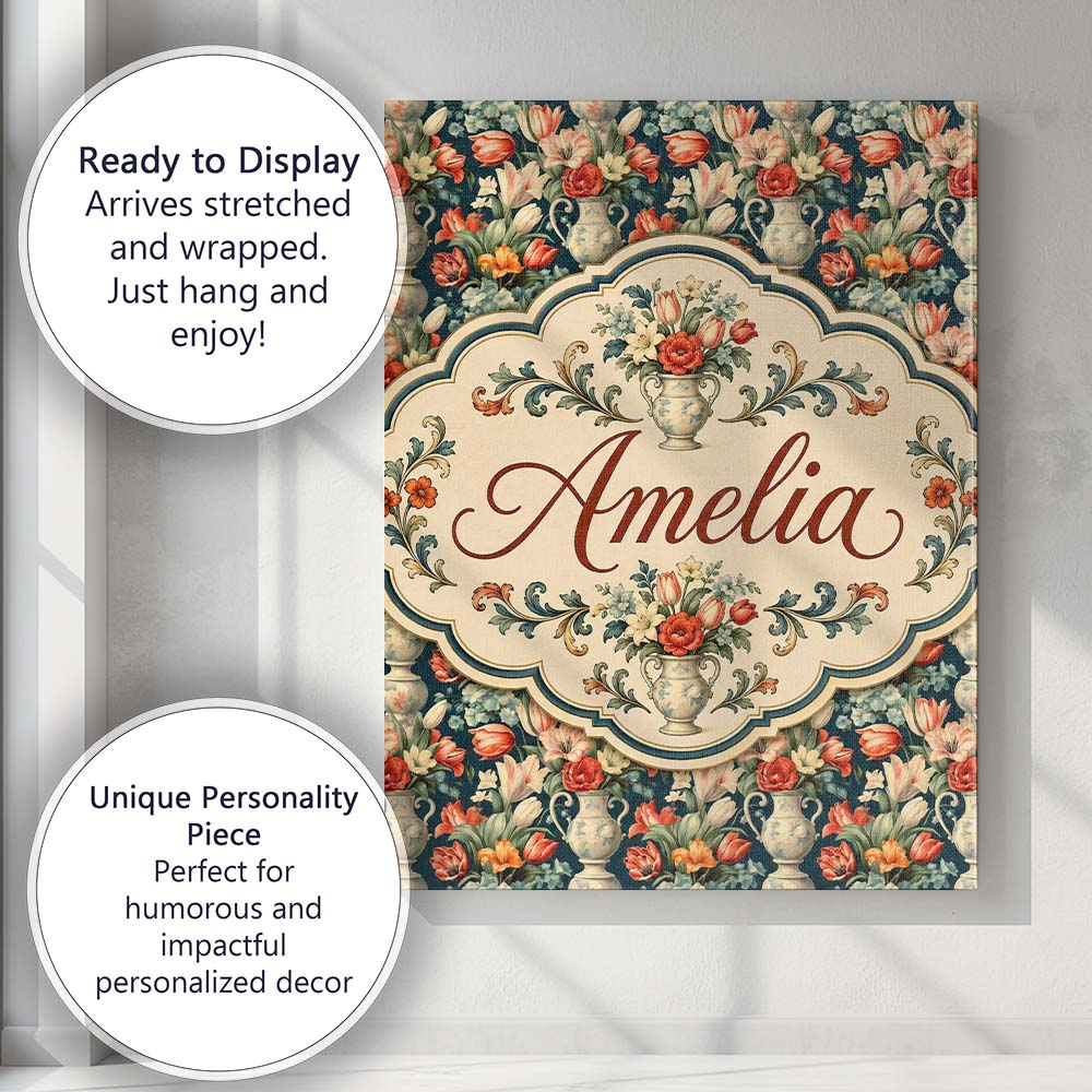 Personalised Name Rich Floral Arrangement Custom Unique Gift Idea Elegant Feature Canvas Wall Art Print Decor Picture Ready to Hang