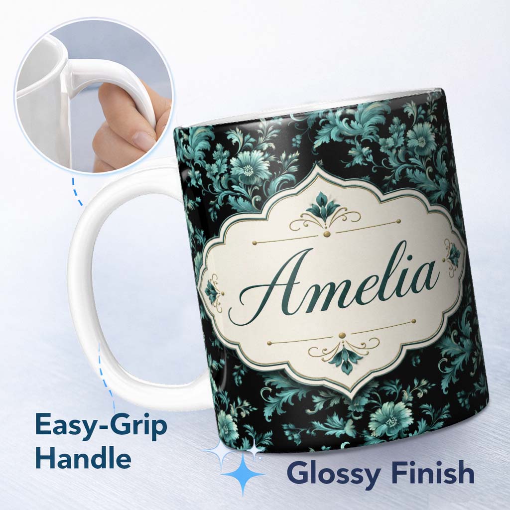 Personalized Custom Name Dark Teal Floral Damask Pattern with Ornate Botanical Details Lovely 11oz Ceramic Coffee Tea Mug White Large Handle