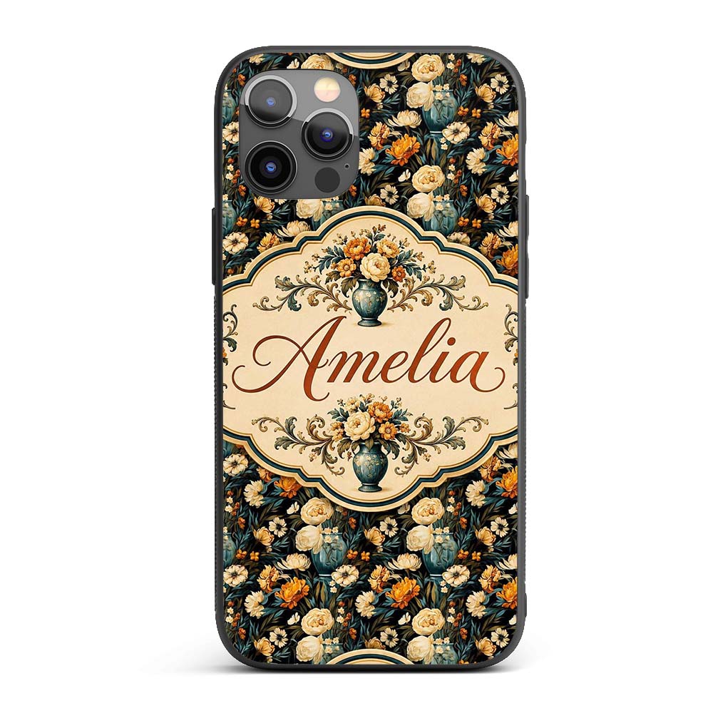 Lush Peony and Blossom Floral Pattern in Teal Custom Name Protective Phone Case Mobile Cover Durable Everyday Smartphone Shock Resistant