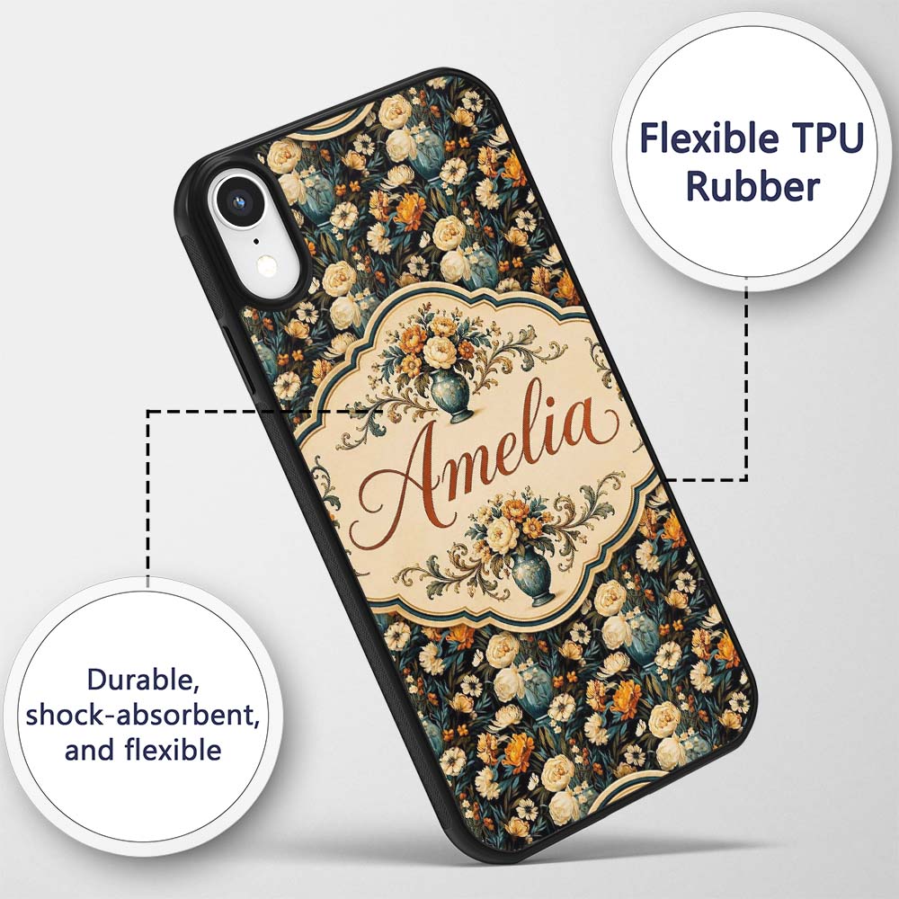 Lush Peony and Blossom Floral Pattern in Teal Custom Name Protective Phone Case Mobile Cover Durable Everyday Smartphone Shock Resistant