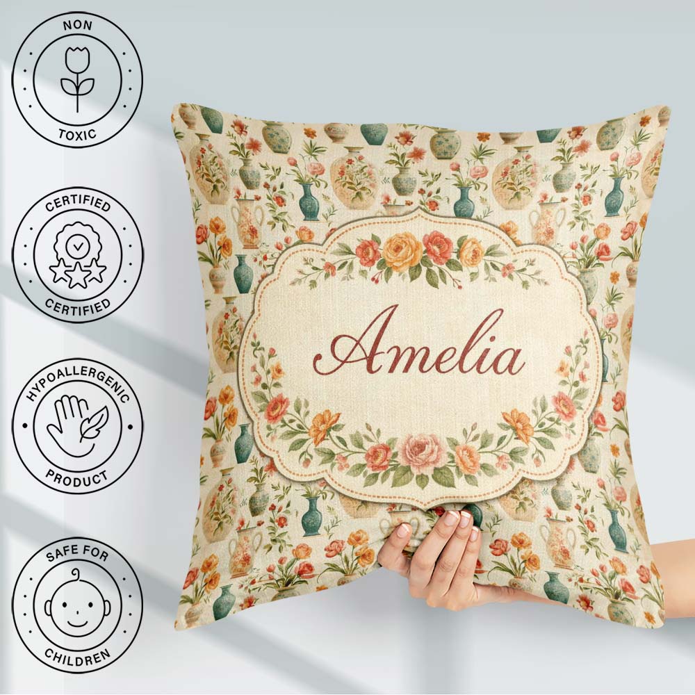 Custom Name Floral and Vase Collection with Soft Pastel Seamless Square Filled Cushion Throw Pillow Sofa Bed Home Decor Zip Washable UK Made