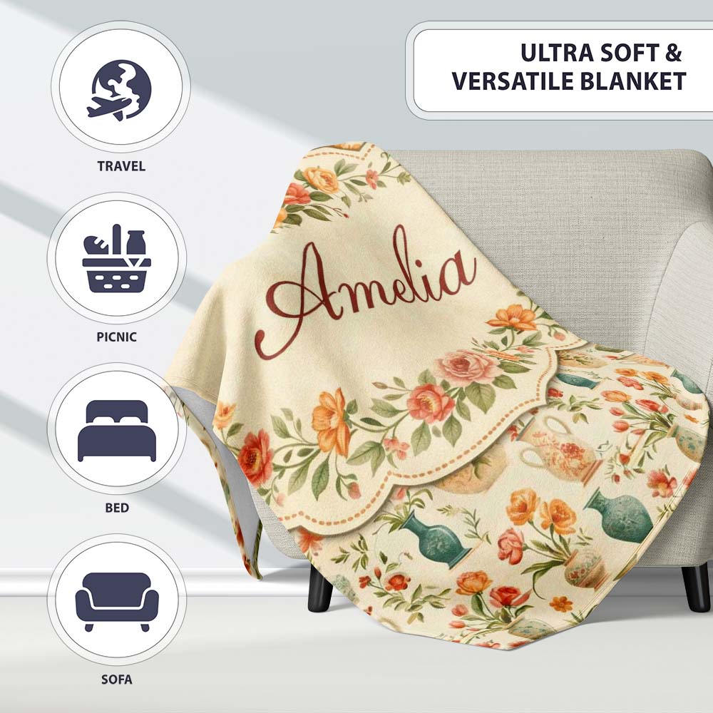 Vintage Floral and Vase Collection with Soft Pastel Blooms Seamless Personalised Custom Name Super Soft Fleece Blanket Bed Sofa Throw
