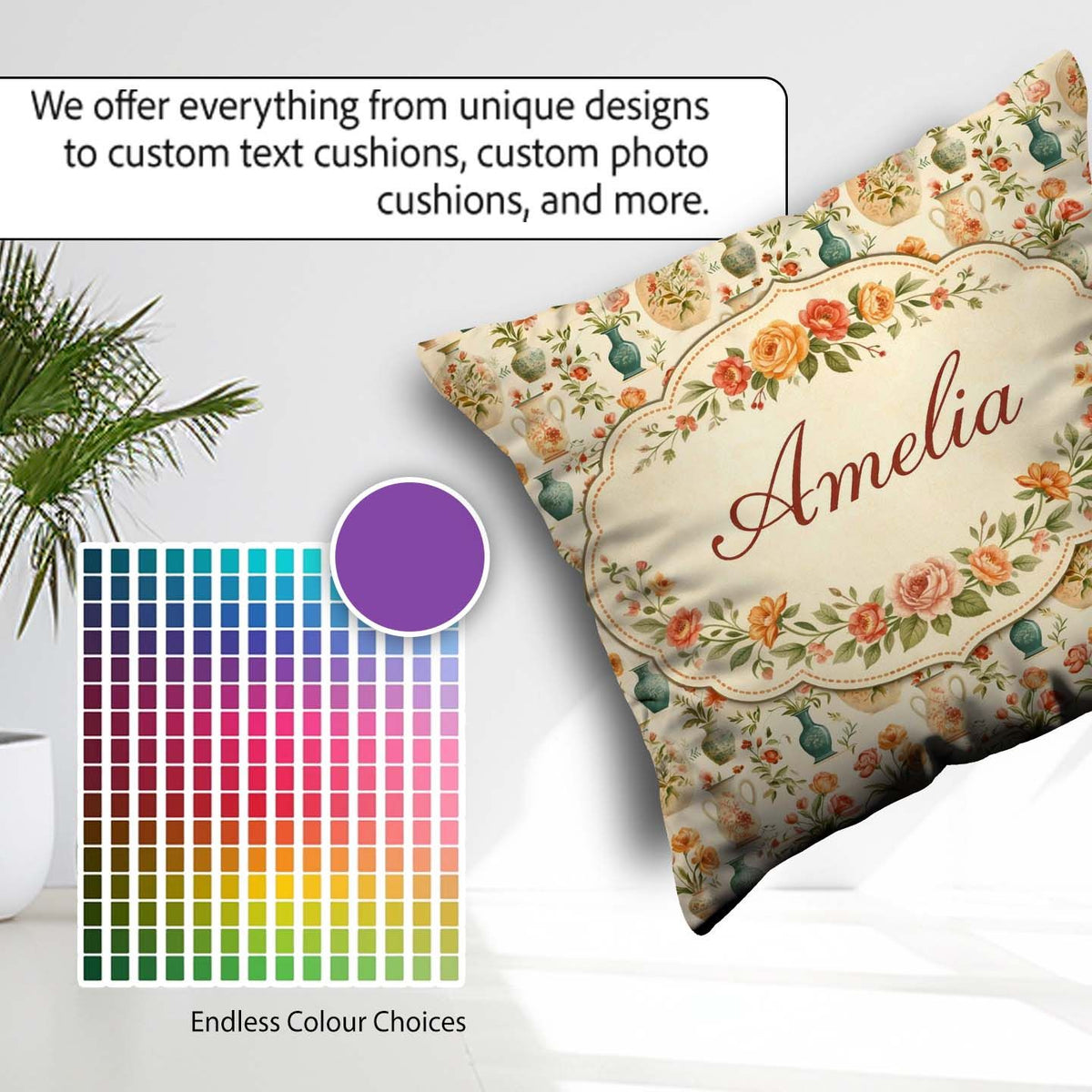 Custom Name Floral and Vase Collection with Soft Pastel Seamless Square Filled Cushion Throw Pillow Sofa Bed Home Decor Zip Washable UK Made