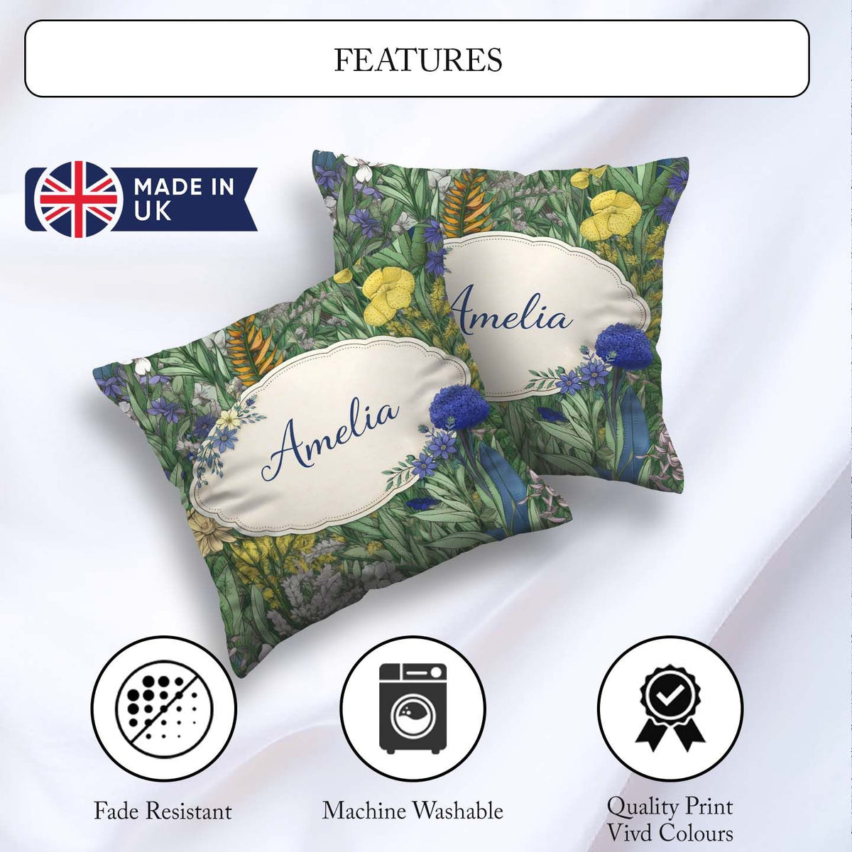 Custom Name Tropical Botanical Garden Illustration Green Pattern Square Filled Cushion Throw Pillow Sofa Bed Home Decor Zip Washable UK Made