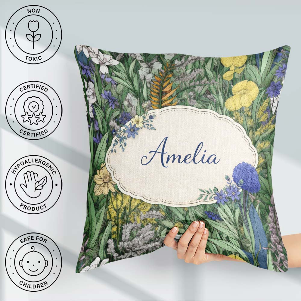 Custom Name Tropical Botanical Garden Illustration Green Pattern Square Filled Cushion Throw Pillow Sofa Bed Home Decor Zip Washable UK Made