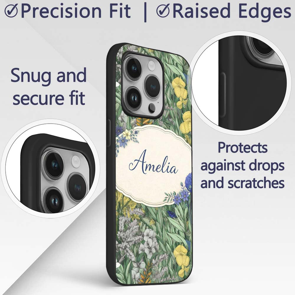 Tropical Botanical Garden Illustration Green Custom Name Protective Phone Case Mobile Cover Durable Everyday Smartphone Shock Resistant