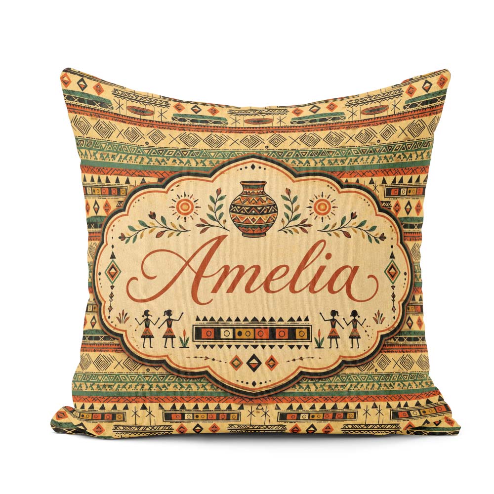 Custom Name Geometric Tribal Stripe with Ethnic Shapes in Earthy Square Filled Cushion Throw Pillow Sofa Bed Home Decor Zip Washable UK Made
