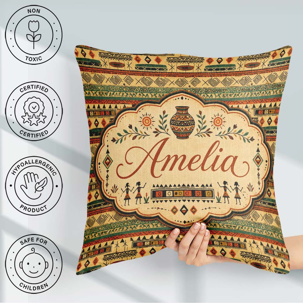 Custom Name Geometric Tribal Stripe with Ethnic Shapes in Earthy Square Filled Cushion Throw Pillow Sofa Bed Home Decor Zip Washable UK Made