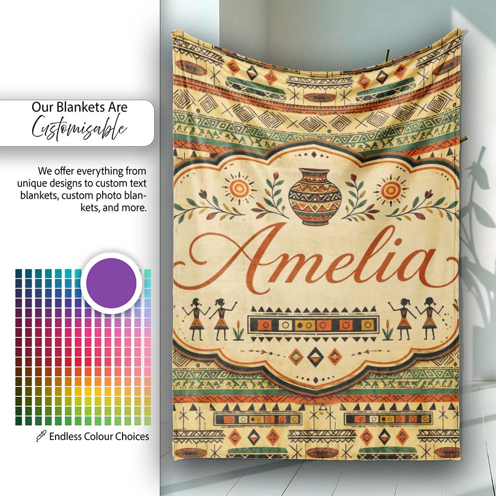 Geometric Tribal Stripe with Ethnic Shapes in Earthy Orange and Personalised Custom Name Super Soft Fleece Blanket Bed Sofa Throw