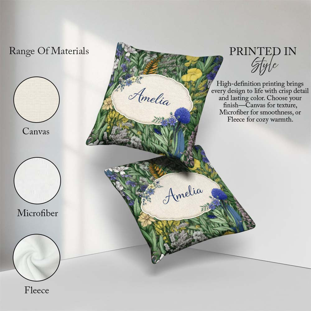 Custom Name Tropical Botanical Garden Illustration Green Pattern Square Filled Cushion Throw Pillow Sofa Bed Home Decor Zip Washable UK Made