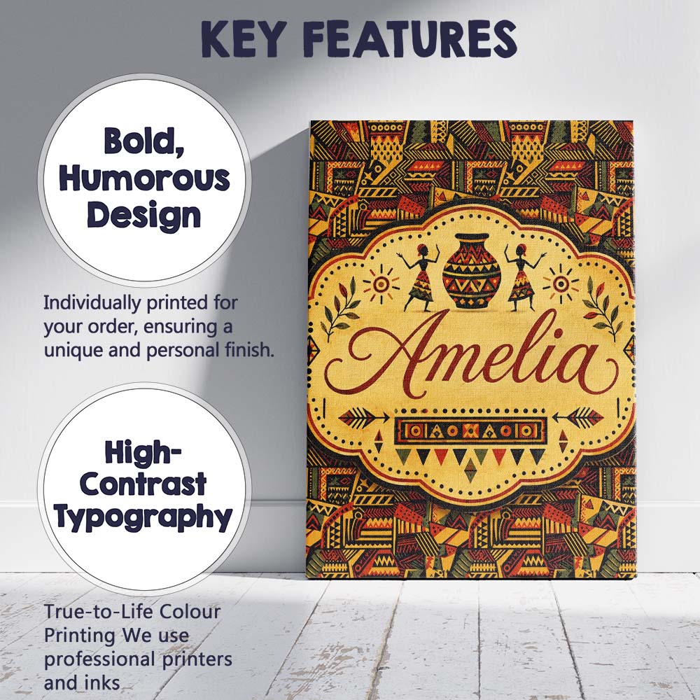 Personalised Name Bold African Inspired Custom Modern Room Accent Elegant Feature Canvas Wall Art Print Decor Picture Ready to Hang