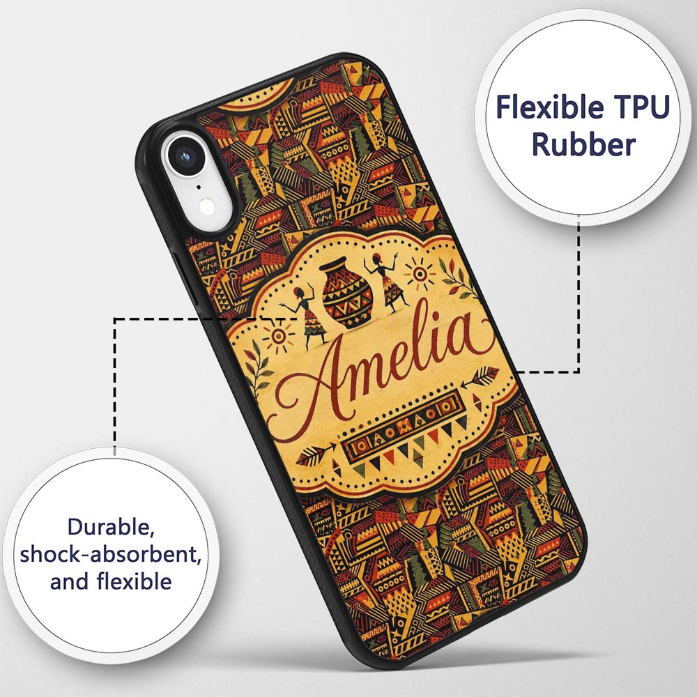 Bold African Inspired Geometric Patchwork Pattern Custom Name Protective Phone Case Mobile Cover Durable Everyday Smartphone Shock Resistant