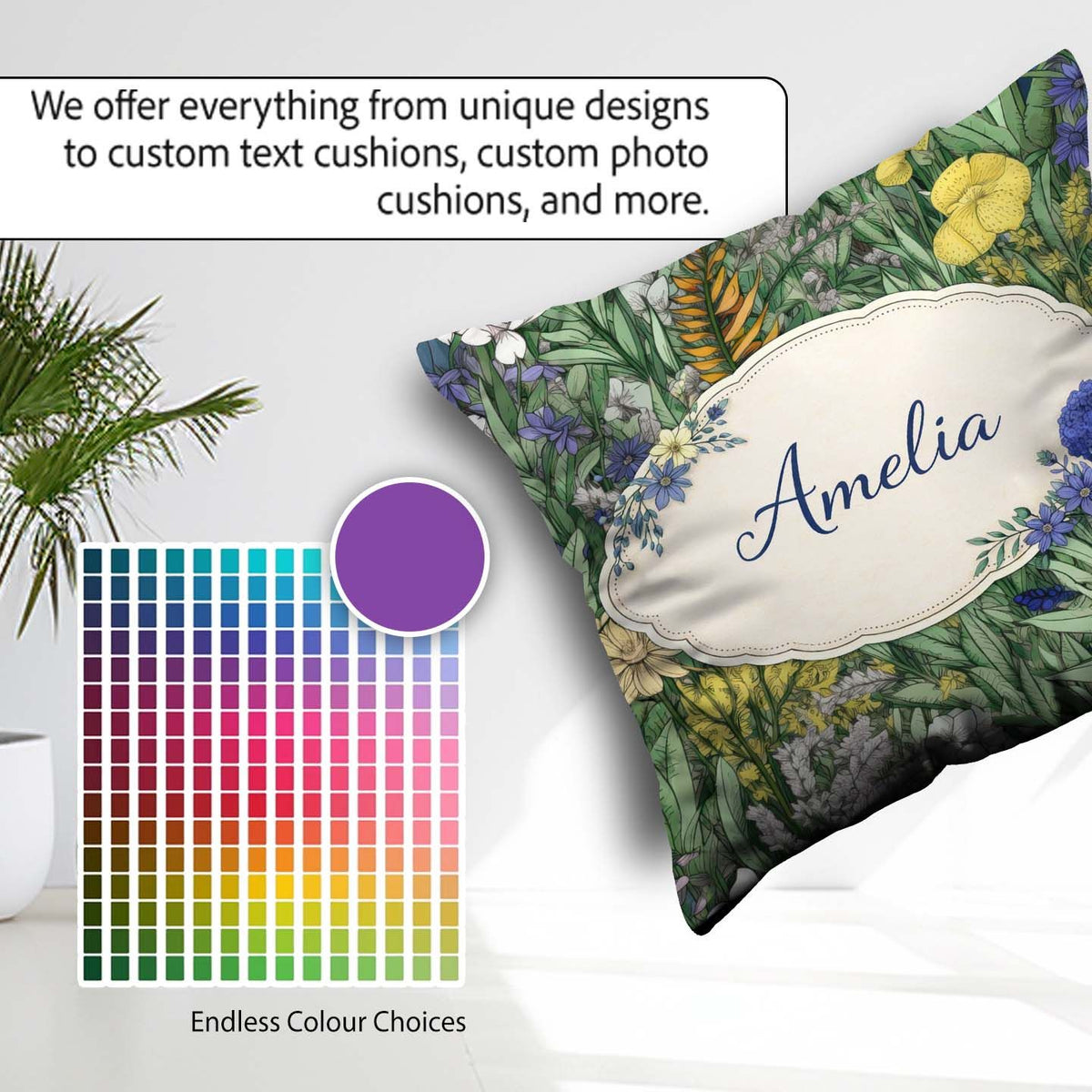 Custom Name Tropical Botanical Garden Illustration Green Pattern Square Filled Cushion Throw Pillow Sofa Bed Home Decor Zip Washable UK Made