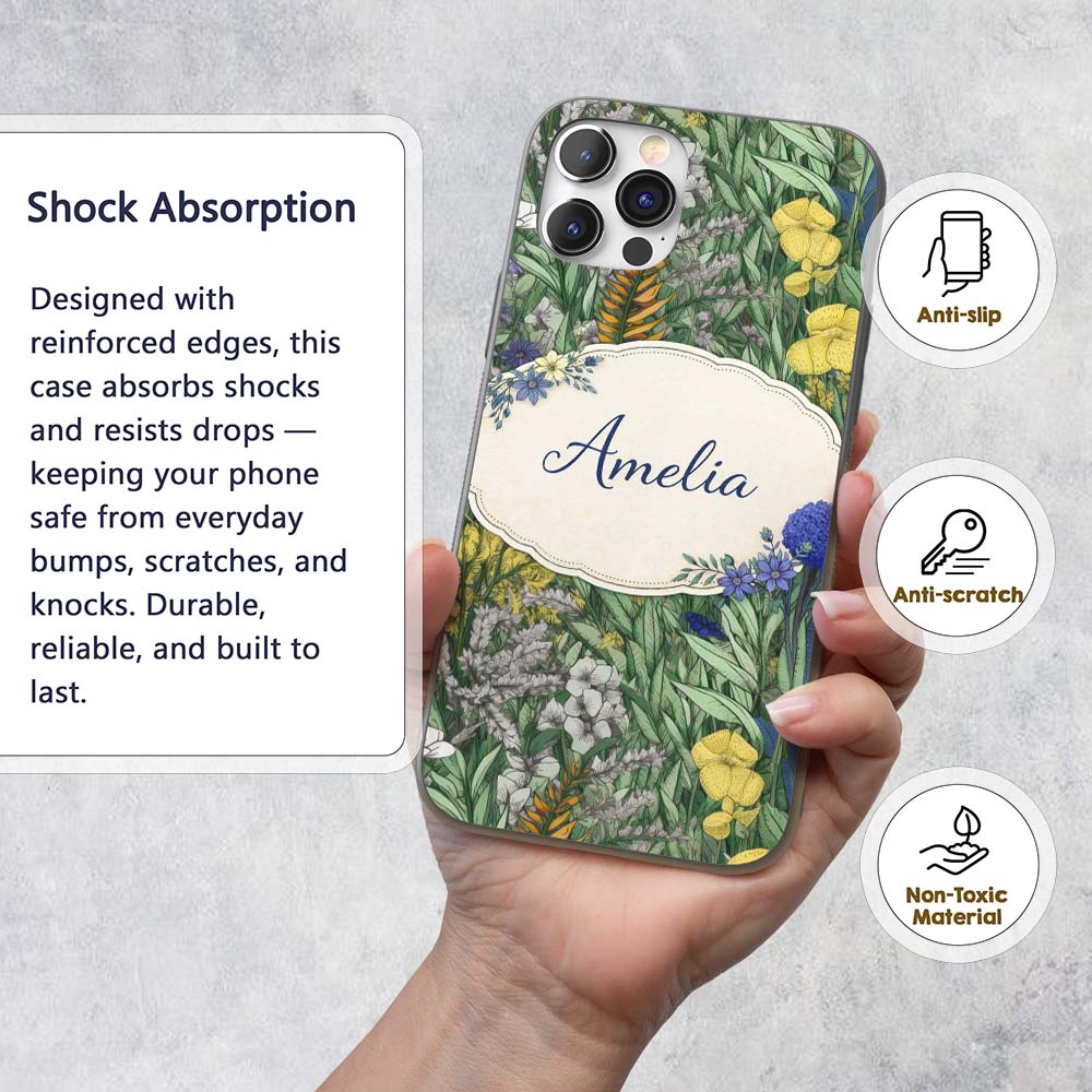 Tropical Botanical Garden Illustration Green Custom Name Protective Phone Case Mobile Cover Durable Everyday Smartphone Shock Resistant