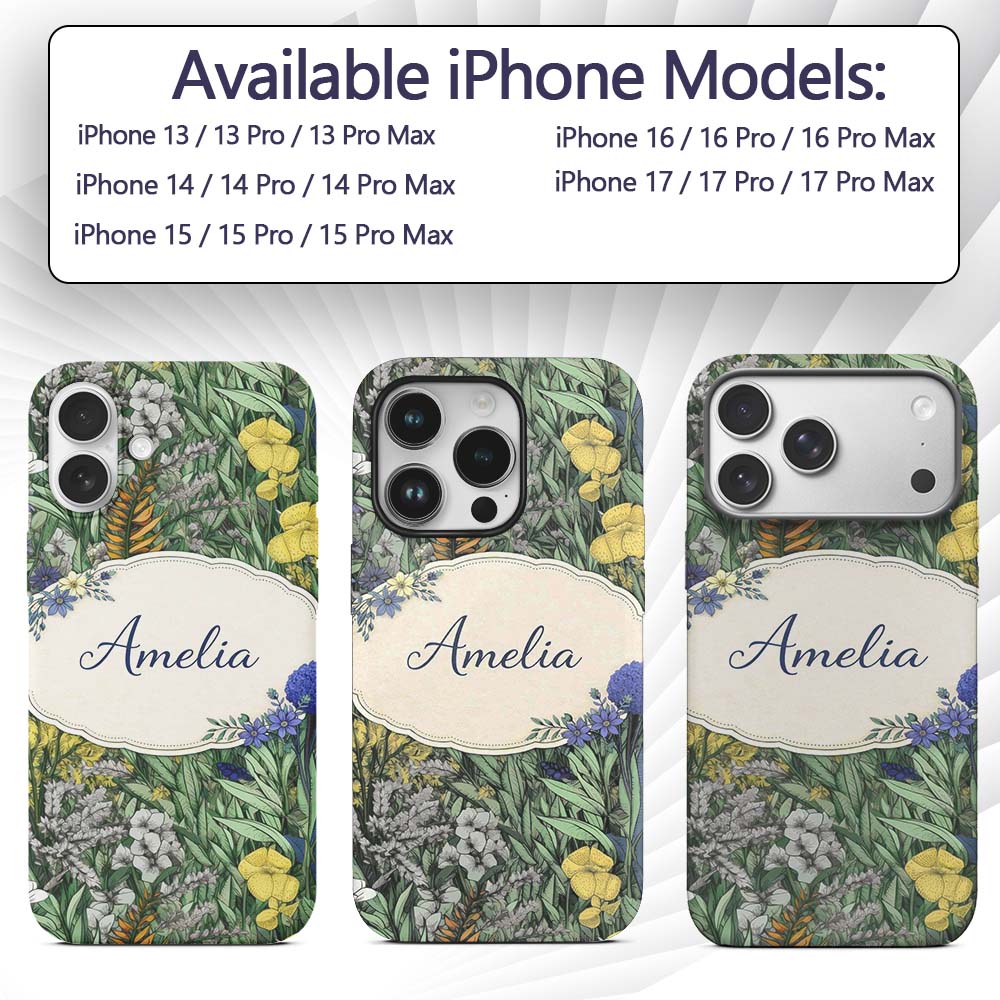 Tropical Botanical Garden Illustration Green Custom Name Protective Phone Case Mobile Cover Durable Everyday Smartphone Shock Resistant