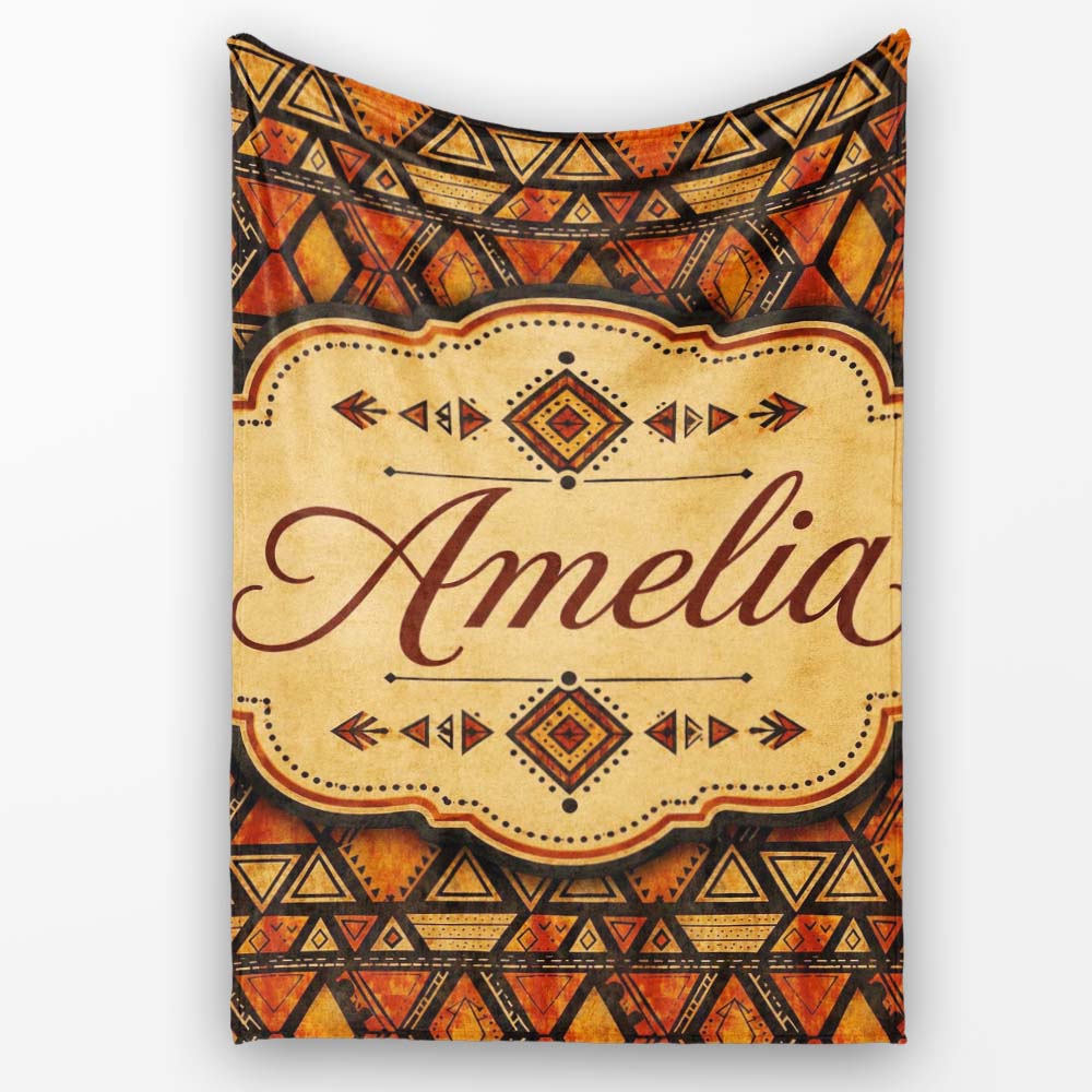 Vibrant Tribal Triangle Pattern with Distressed Texture in Warm Personalised Custom Name Super Soft Fleece Blanket Bed Sofa Throw