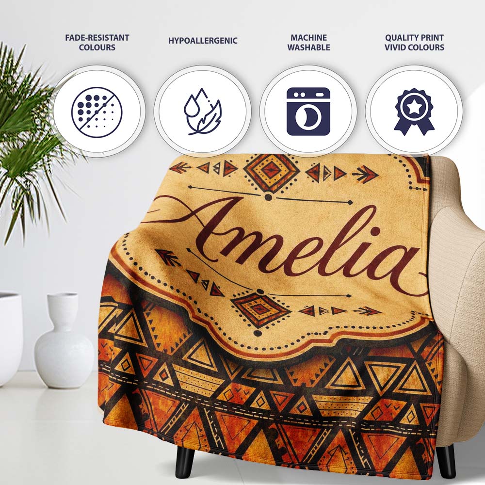 Vibrant Tribal Triangle Pattern with Distressed Texture in Warm Personalised Custom Name Super Soft Fleece Blanket Bed Sofa Throw