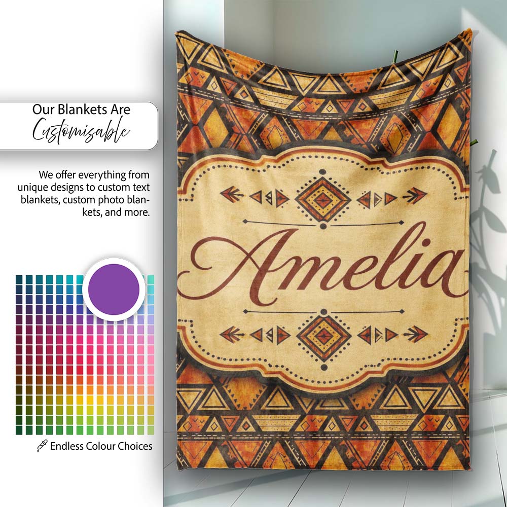 Vibrant Tribal Triangle Pattern with Distressed Texture in Warm Personalised Custom Name Super Soft Fleece Blanket Bed Sofa Throw