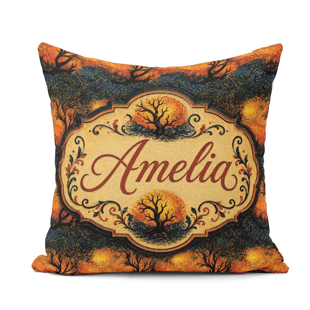 Custom Name Artistic Swirl Landscape with Trees and Sun in Brush Square Filled Cushion Throw Pillow Sofa Bed Home Decor Zip Washable UK Made
