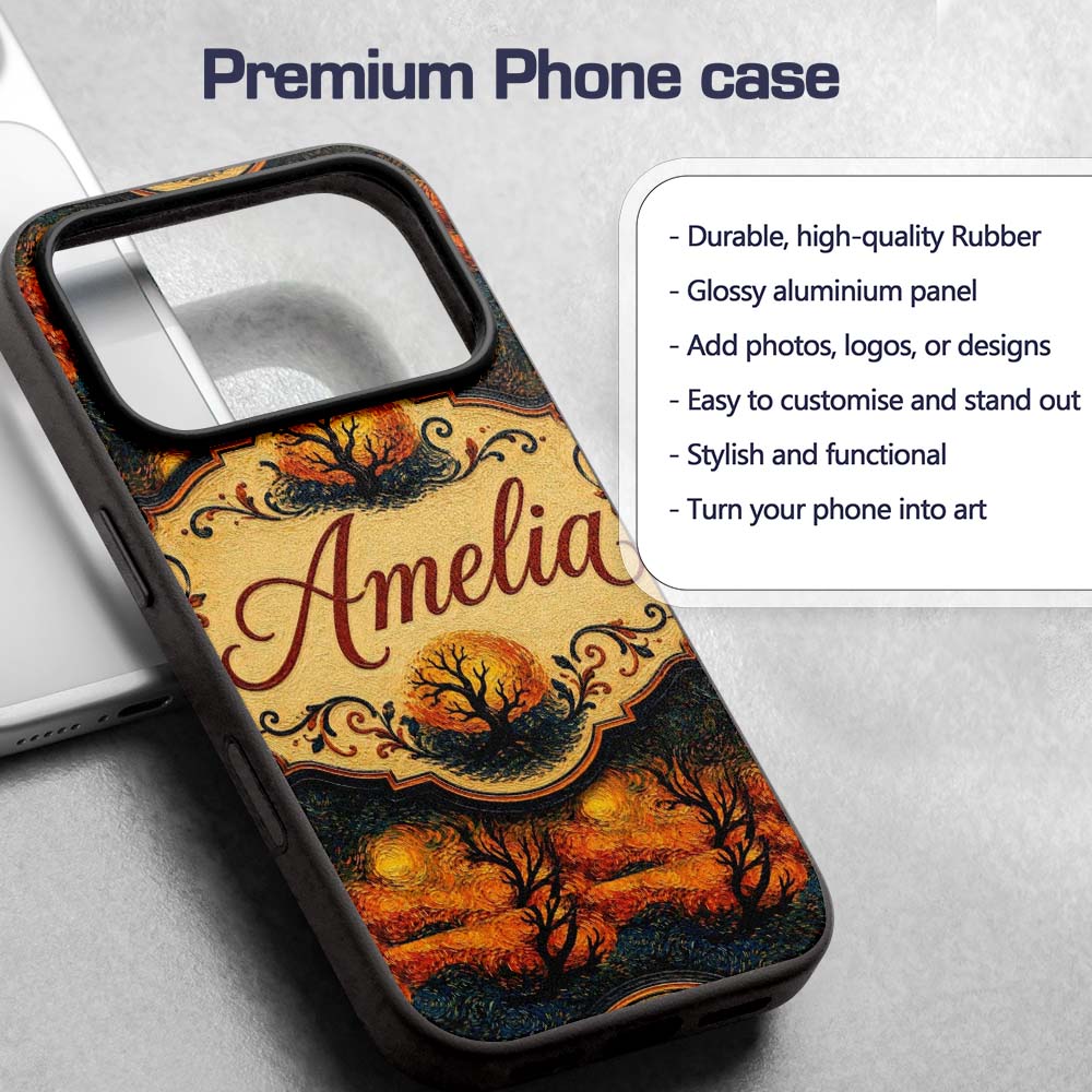 Artistic Swirl Landscape with Trees and Sun in Custom Name Protective Phone Case Mobile Cover Durable Everyday Smartphone Shock Resistant