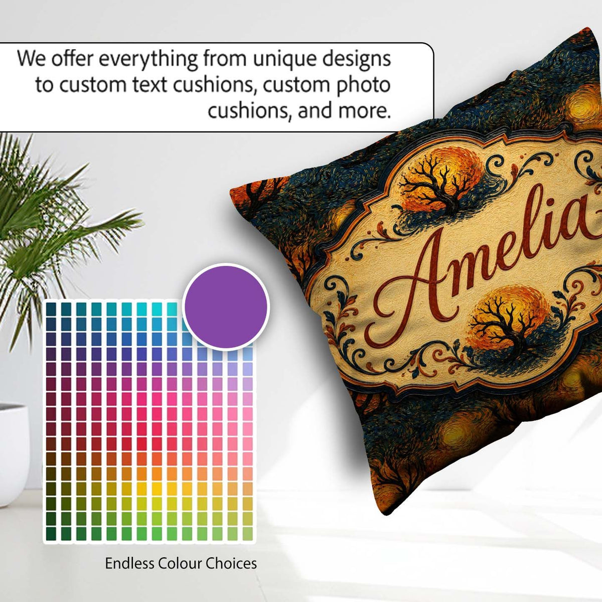 Custom Name Artistic Swirl Landscape with Trees and Sun in Brush Square Filled Cushion Throw Pillow Sofa Bed Home Decor Zip Washable UK Made