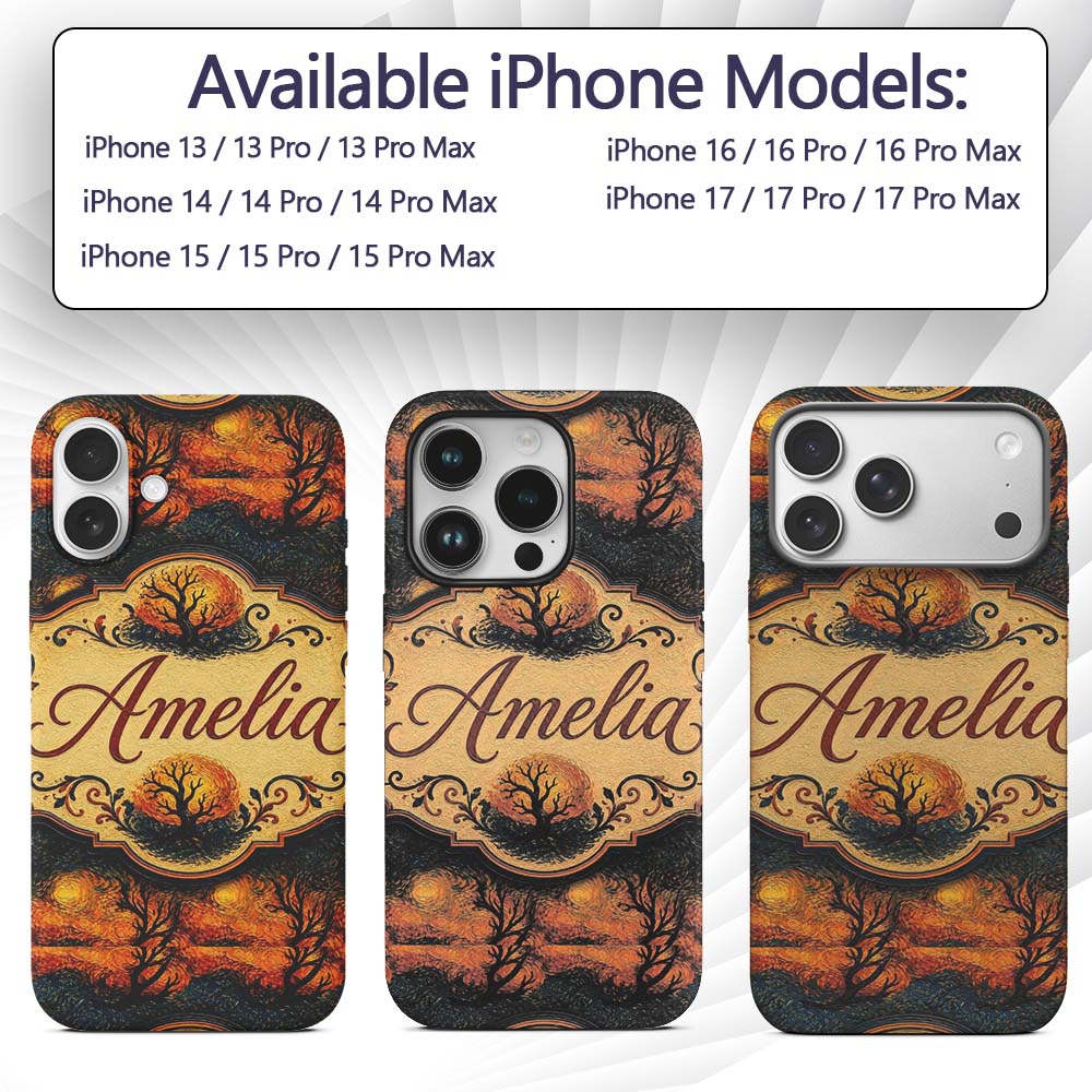 Artistic Swirl Landscape with Trees and Sun in Custom Name Protective Phone Case Mobile Cover Durable Everyday Smartphone Shock Resistant