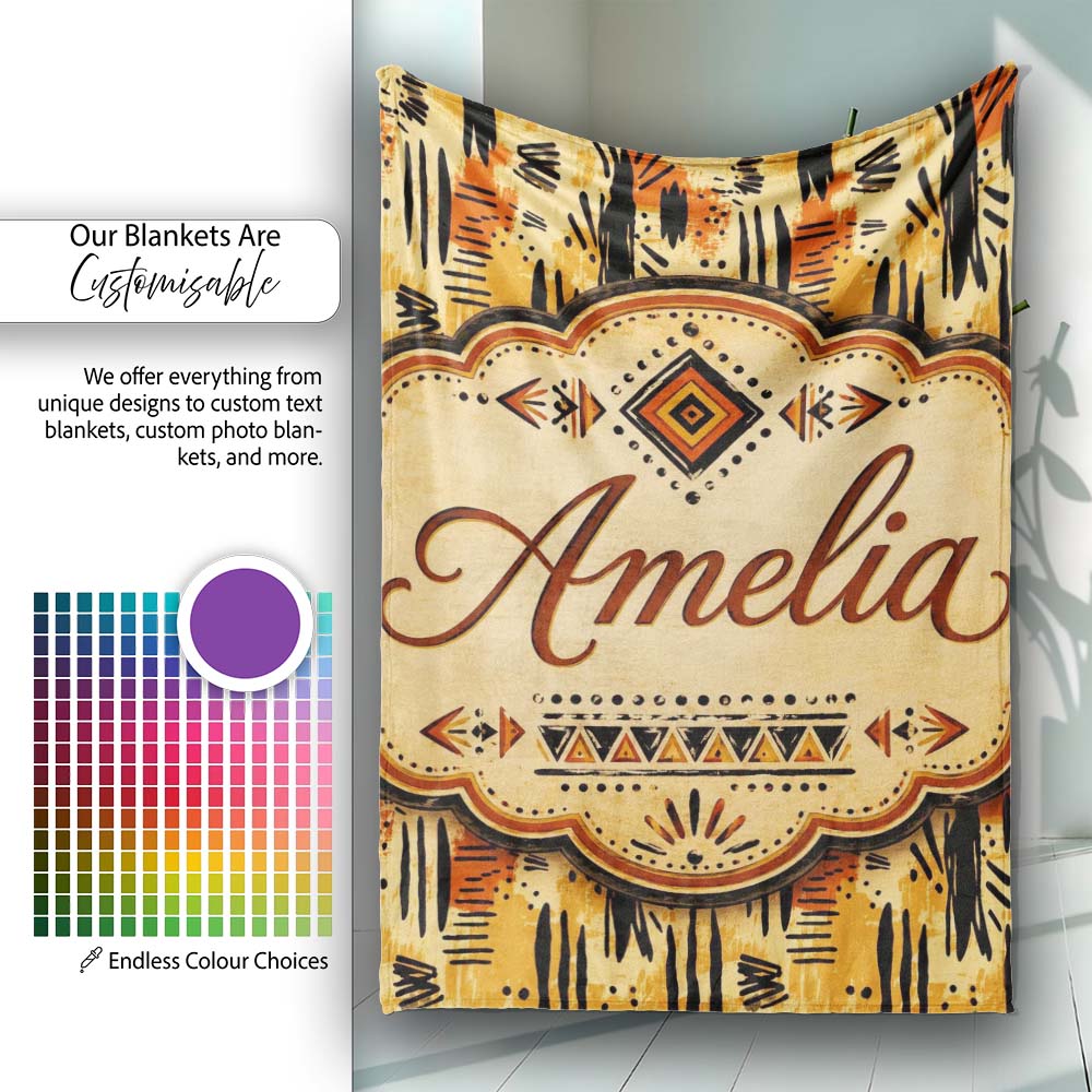 Modern Abstract Brush Stroke Pattern in Black Orange and Neutral Personalised Custom Name Super Soft Fleece Blanket Bed Sofa Throw