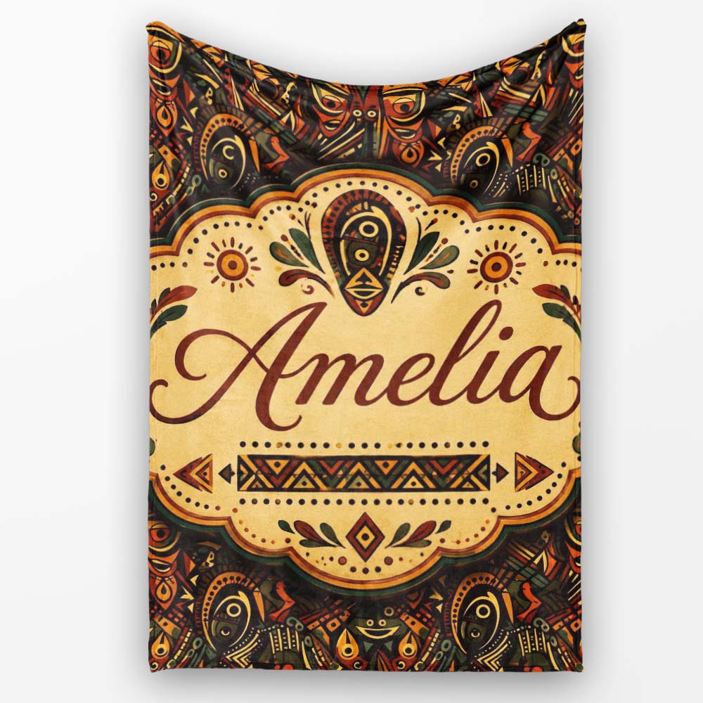 Intricate Tribal Mask and Symbol in Deep Earthy Tones on Dark Lovely Personalised Custom Name Super Soft Fleece Blanket Bed Sofa Throw