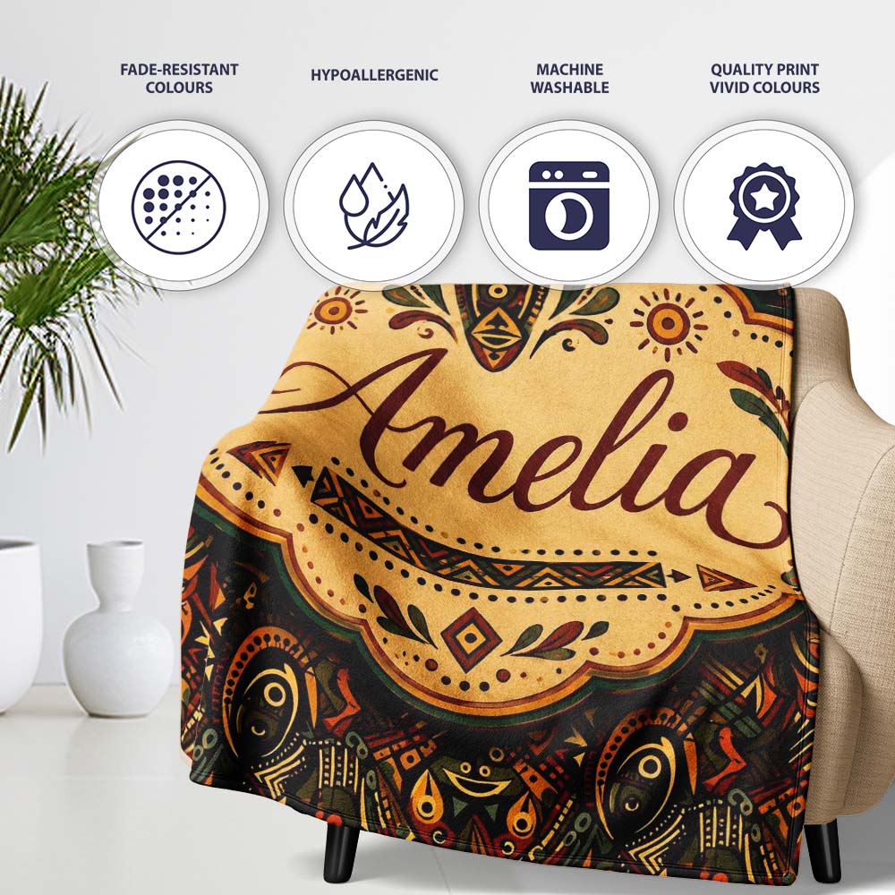 Intricate Tribal Mask and Symbol in Deep Earthy Tones on Dark Lovely Personalised Custom Name Super Soft Fleece Blanket Bed Sofa Throw