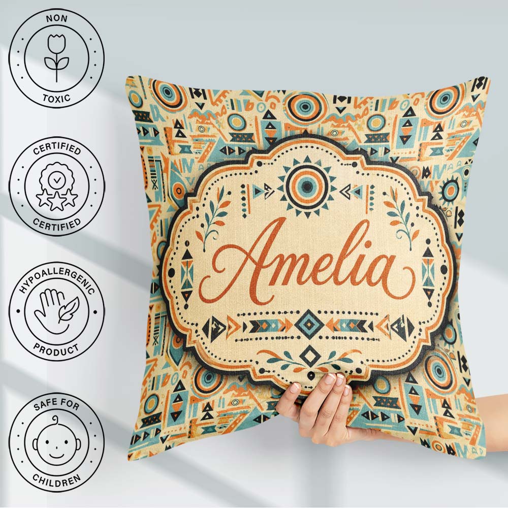 Custom Name Geometric Pattern with and Shapes in Teal Orange and Square Filled Cushion Throw Pillow Sofa Bed Home Decor Zip Washable UK Made