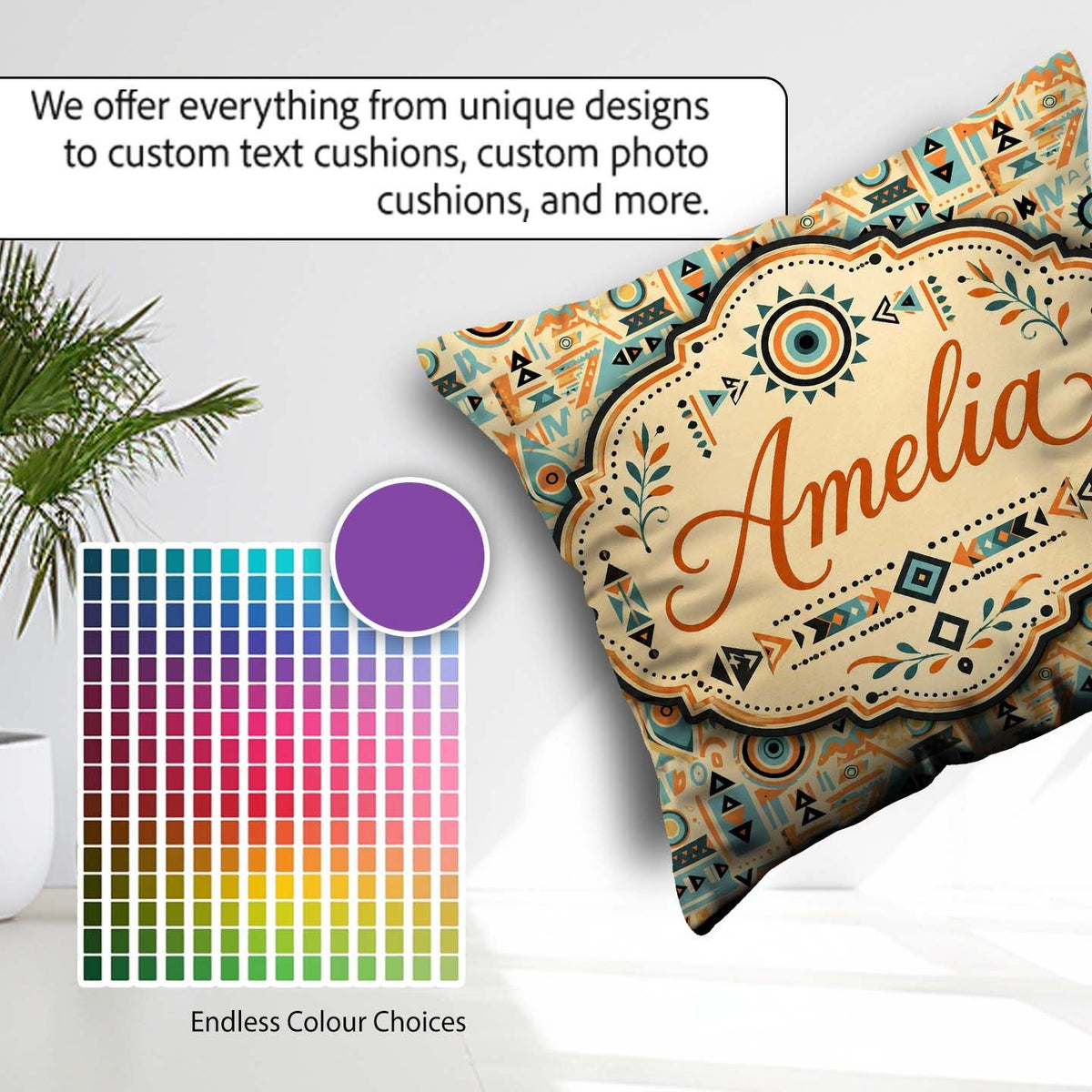 Custom Name Geometric Pattern with and Shapes in Teal Orange and Square Filled Cushion Throw Pillow Sofa Bed Home Decor Zip Washable UK Made