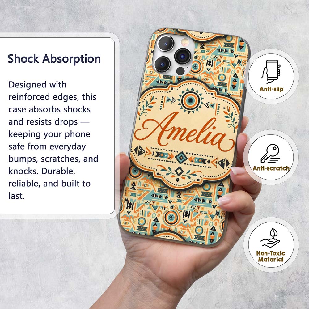 Geometric Pattern with Circles and Shapes in Teal Custom Name Protective Phone Case Mobile Cover Durable Everyday Smartphone Shock Resistant