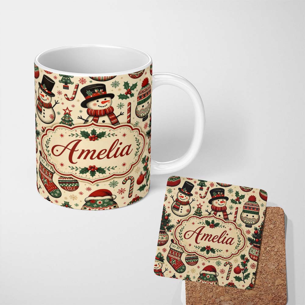 Personalized Custom Name Cute Snowman Christmas Trees Candy Cane Winter Seamless Pattern 11oz Ceramic Coffee Tea Mug White Large Handle