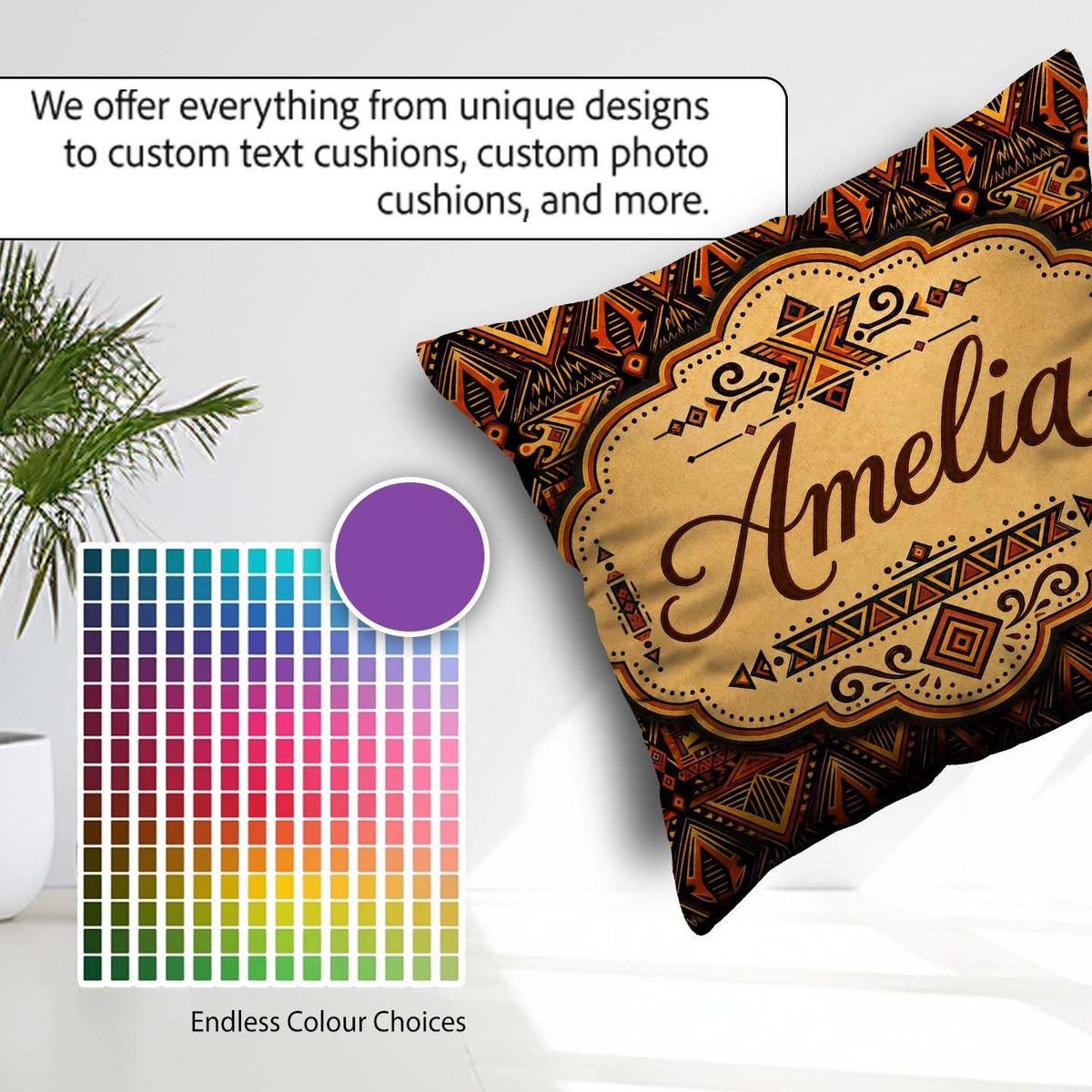 Custom Name Bold Ethnic Geometric with Repeating Tribal in Black Square Filled Cushion Throw Pillow Sofa Bed Home Decor Zip Washable UK Made