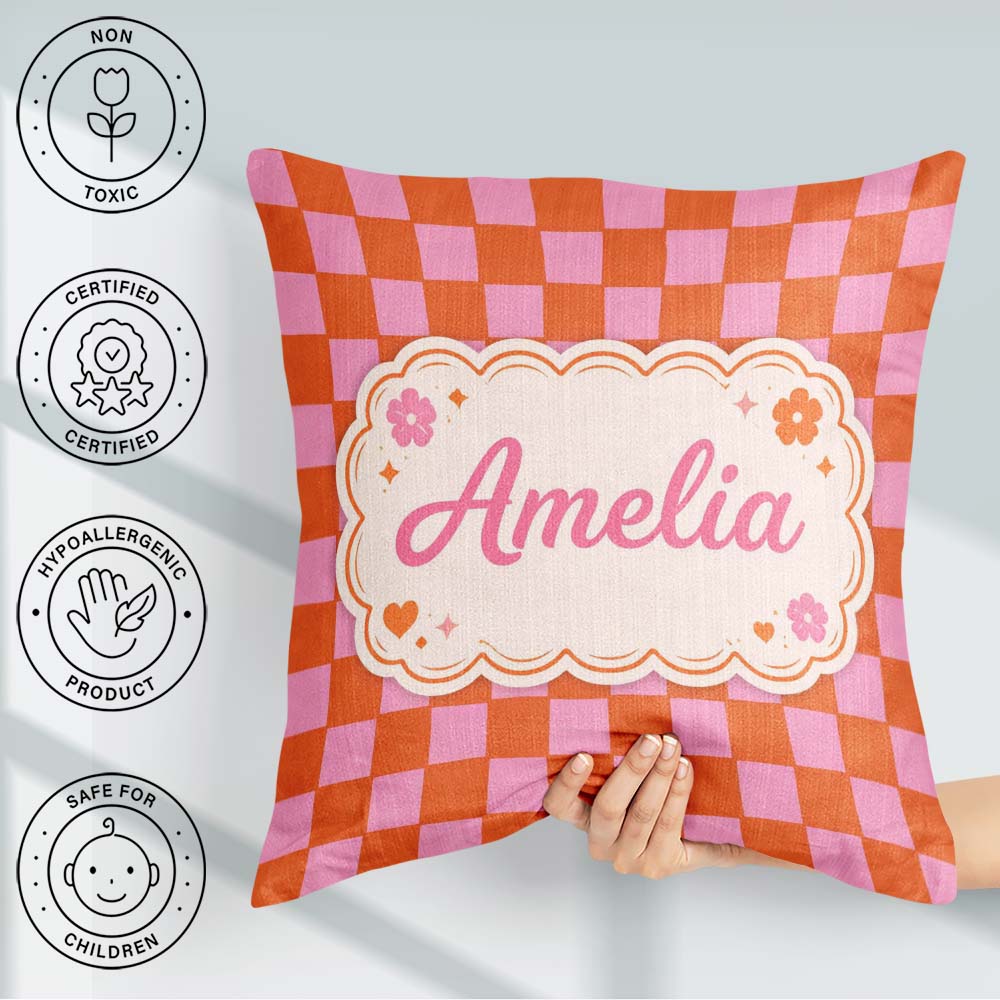 Custom Name Abstract Orange Checkerboard Pattern Modern Seamless Square Filled Cushion Throw Pillow Sofa Bed Home Decor Zip Washable UK Made