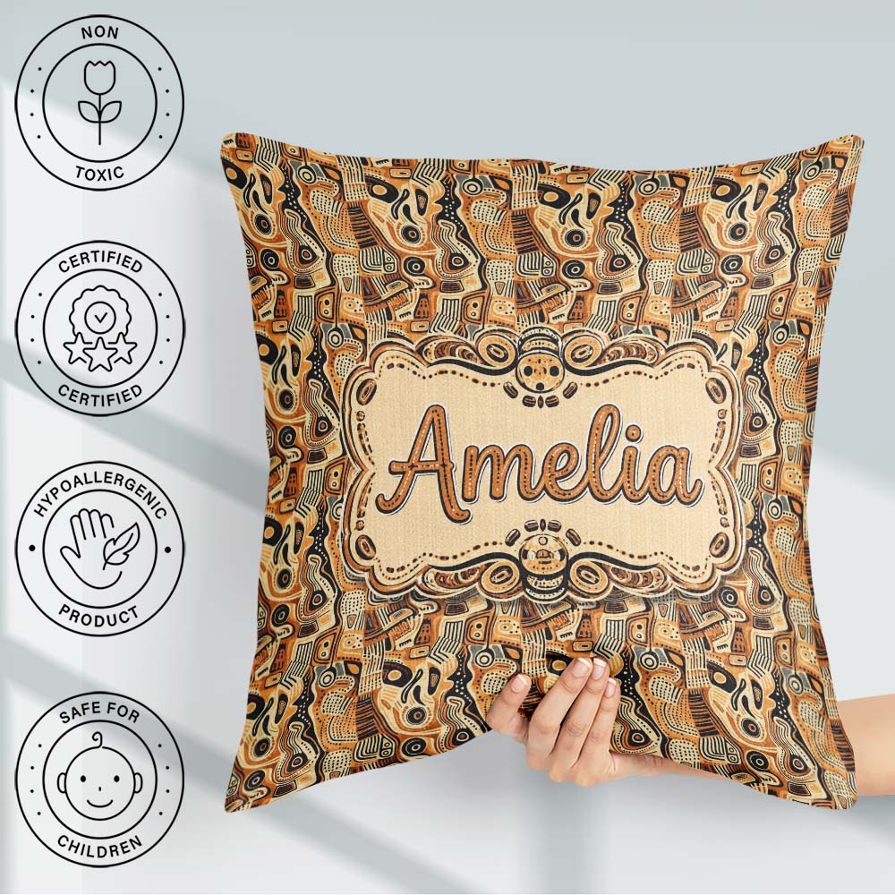 Custom Name Abstract Tribal Line Art Pattern with Organic Shapes Square Filled Cushion Throw Pillow Sofa Bed Home Decor Zip Washable UK Made