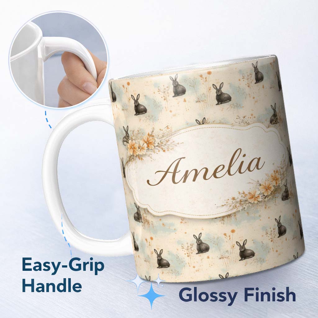 Personalized Custom Name Minimal Rustic Black Rabbit Beige Background Seamless Pattern Lovely 11oz Ceramic Coffee Tea Mug White Large Handle