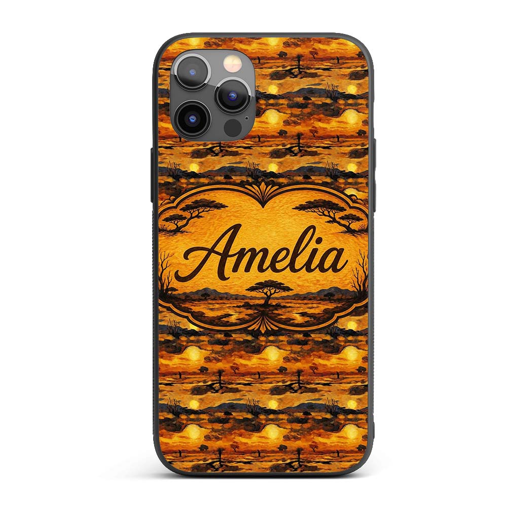 Textured African Landscape with Sunset Scene and Custom Name Protective Phone Case Mobile Cover Durable Everyday Smartphone Shock Resistant