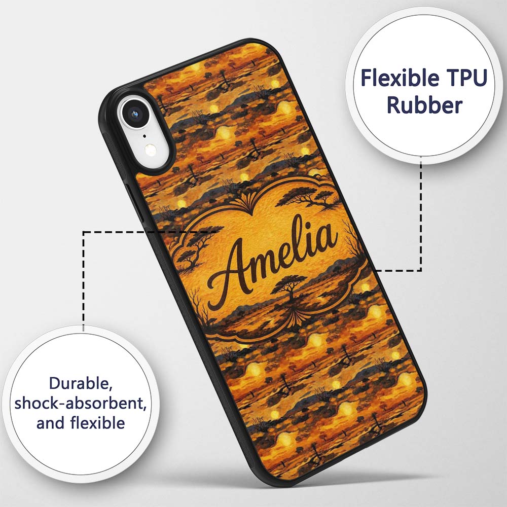 Textured African Landscape with Sunset Scene and Custom Name Protective Phone Case Mobile Cover Durable Everyday Smartphone Shock Resistant